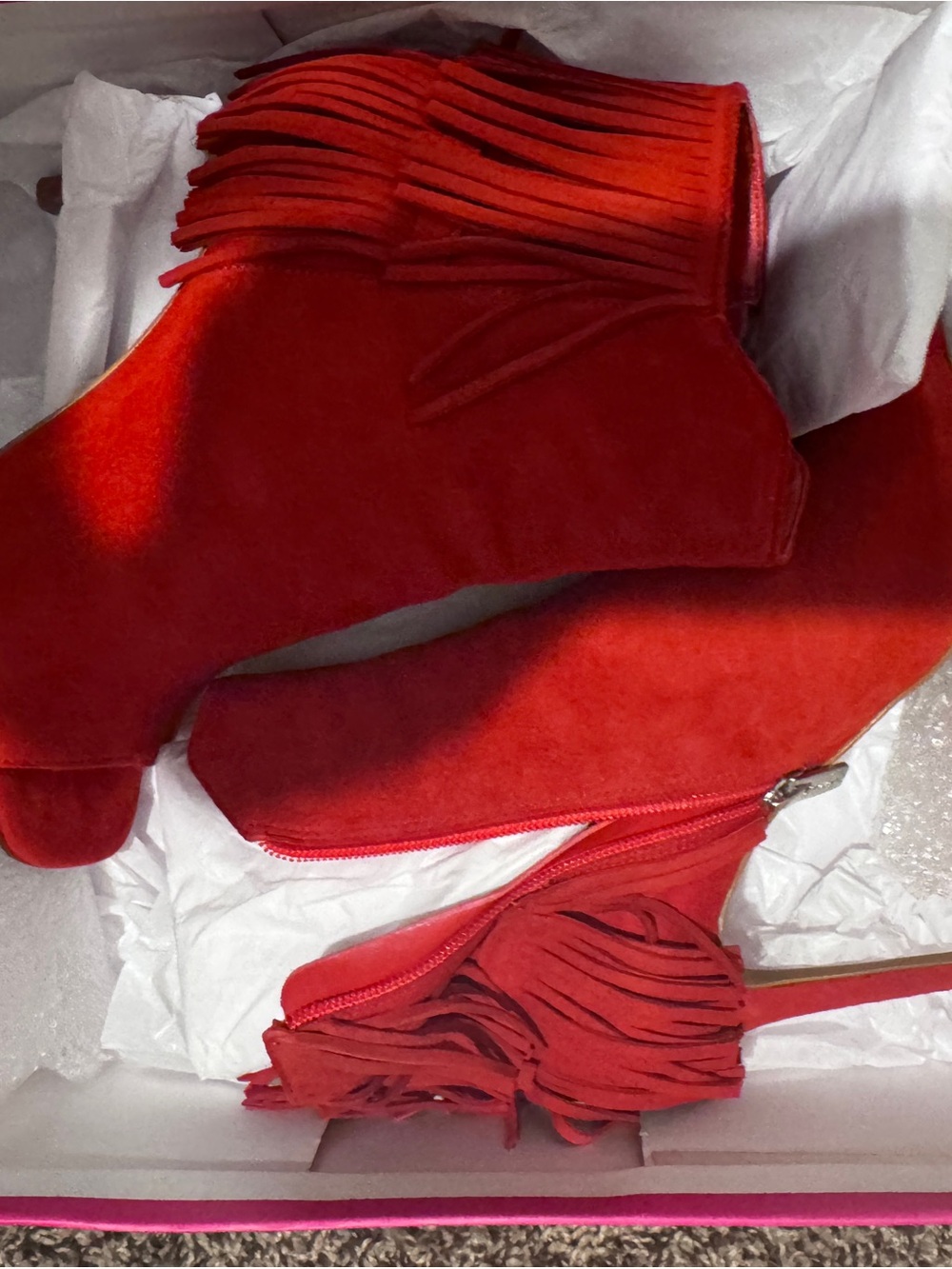 Vince Camuto Red Suede Fringe Peep-Toe Ankle Boots - Women - Picture 3 of 7